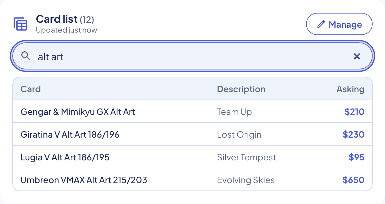 A member's public profile showing the card list table with a search box filtering for “alt art”, three columns (Card, Description, Asking) and four matching rows.